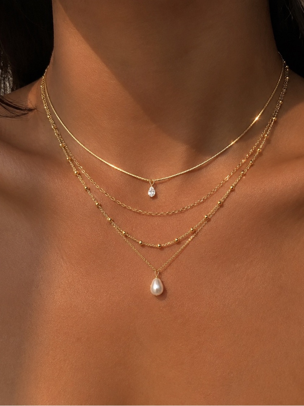 Zara Gold Layered Pearl & Crystal Drop Necklace Set